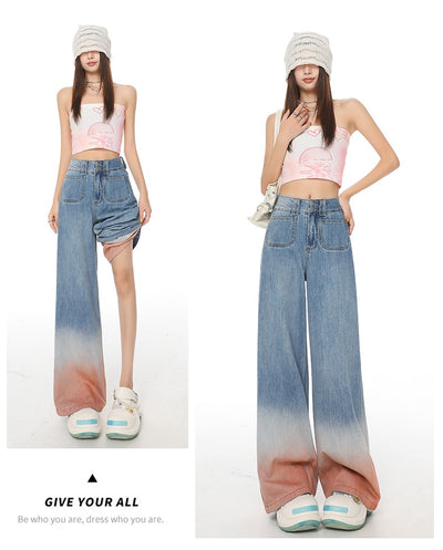 Gradient Color High Waist Wide Leg Jeans For Women Loose-fitting Mopping Pants