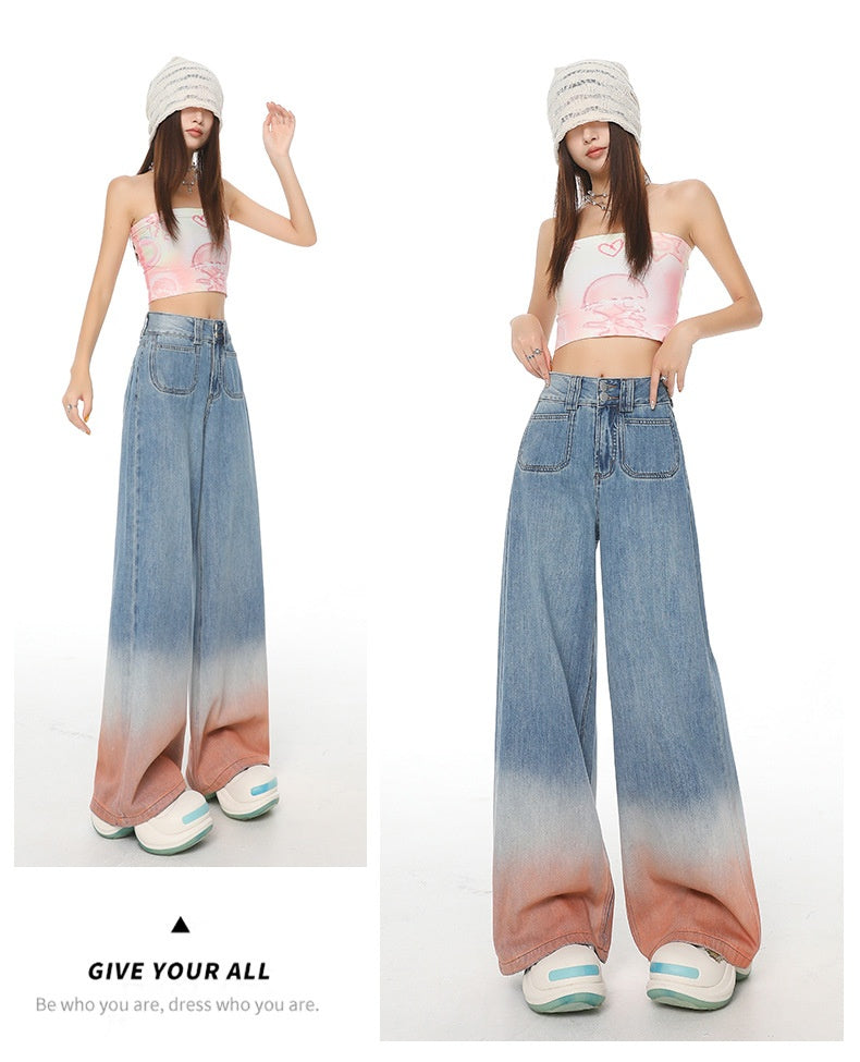 Gradient Color High Waist Wide Leg Jeans For Women Loose-fitting Mopping Pants