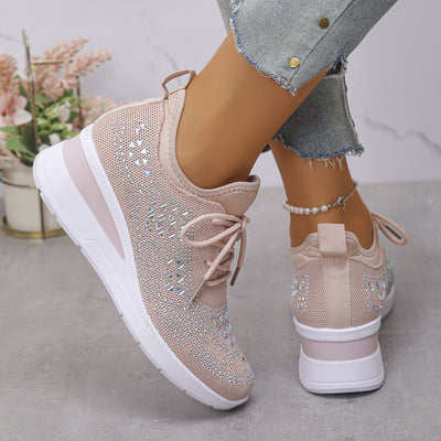 Ins Rhinestone Sneakers Fashion Lace Up Wedges Casual Shoes Women's Daily Commuting Sports Shoes