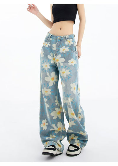 New Summer Printed Floral Wide-leg Washed Jeans For Women