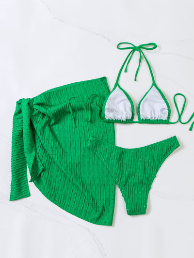 3pcs Halterneck Swimsuit Set Beach Solid Color Sexy Backless Bikini With Mesh Skirt Summer Womens Clothing