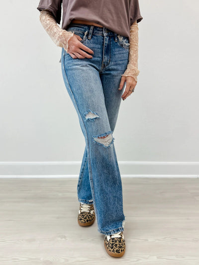Ripped Jeans Slim-fitting Mid-waist Straight-leg Pants Distressed