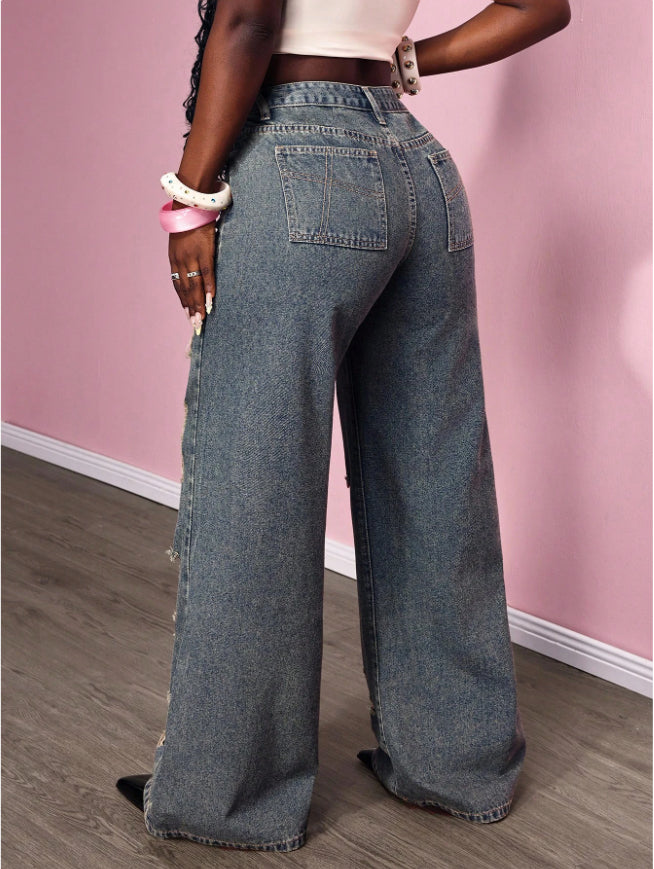 Women's Retro Distressed Kimchi Wide-leg Jeans