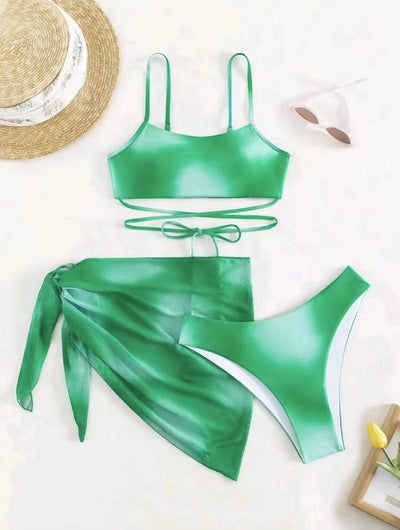 3pcs Tie Dye Print Bikini With Short Skirt Summer Beach Sexy Swimwear Womens Clothing