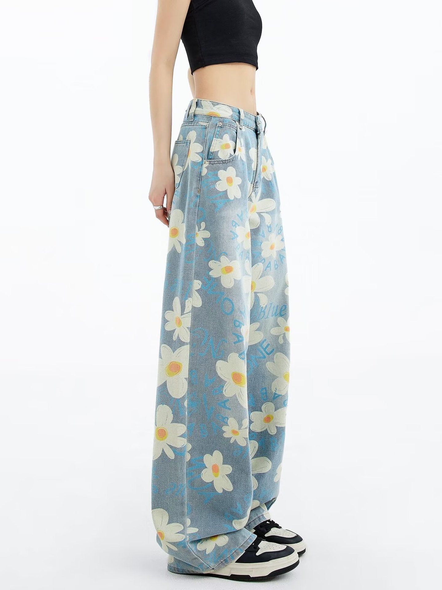 New Summer Printed Floral Wide-leg Washed Jeans For Women