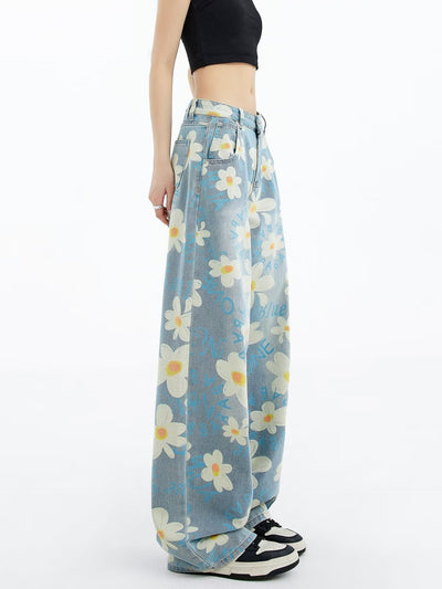 New Summer Printed Floral Wide-leg Washed Jeans For Women