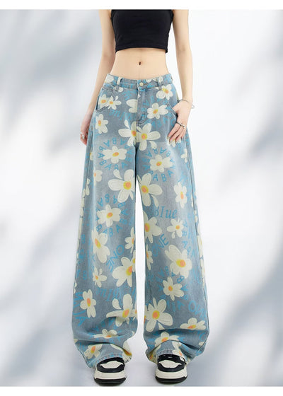 New Summer Printed Floral Wide-leg Washed Jeans For Women