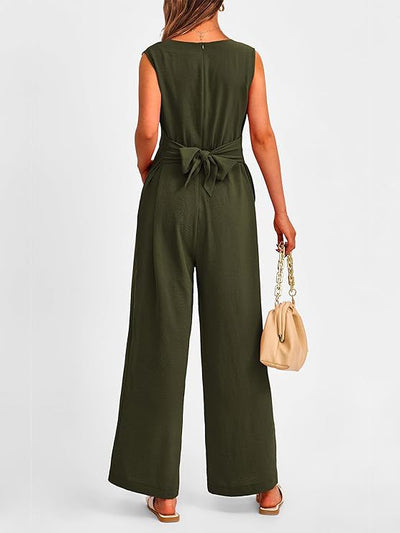 New V-neck Sleeveless Long Jumpsuit With Pockets And Lace-up Design Wide-leg Straight Trousers Summer Womens Clothing