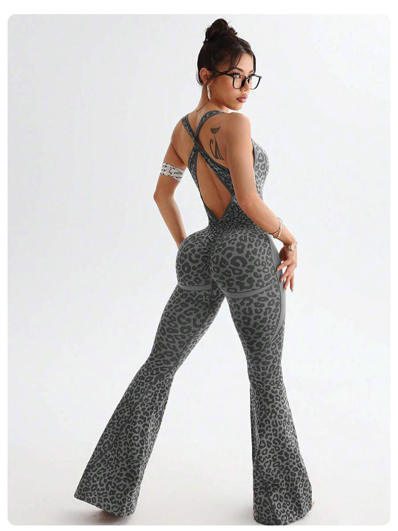 Women's Casual Sports Leopard Print Cross Beauty Back Jumpsuit