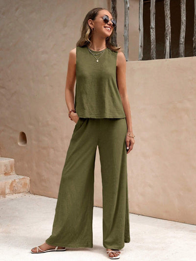 Solid Color Casual Loose Pants Sets For Women Elegant Spring Summer Women's Two Pieces Suit Full Trouser Set Female Outfit Clothes
