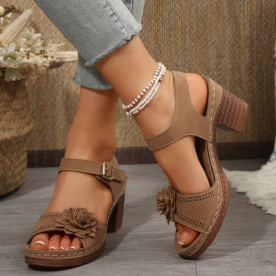 Women's Flowers Chunky Heel Sandals Summer Plus Size Platform Shoes