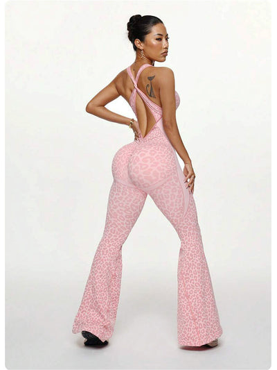 Women's Casual Sports Leopard Print Cross Beauty Back Jumpsuit