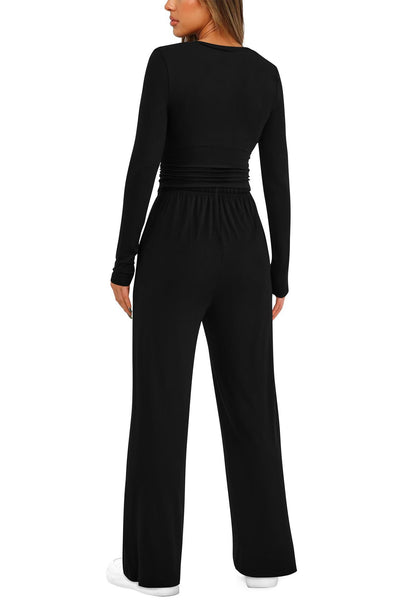 2 Pieces Women's Suit Autumn Winte Long Sleeve Tops High Waisted Wide Leg Pants Sportswear Female Clothes Solid Color Casual Suit