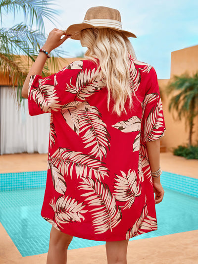 2pcs Casual Holiday Leaves Print Suit Summer Short Sleeve Shirt Top And Drawstring Shorts Sets For Womens Clothing