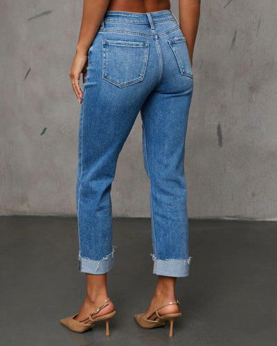Cuffed Capri Pants, Fashionable Stretchy Whiskered Denim Jeans