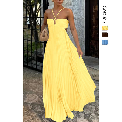 Ins Pleated Sleeveless Sling Dress Hollow High Waist Halter Robe Dresses For Evening Party Club Clothing Women