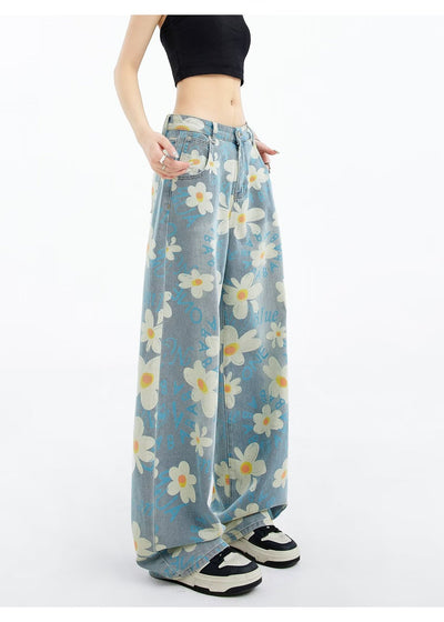 New Summer Printed Floral Wide-leg Washed Jeans For Women