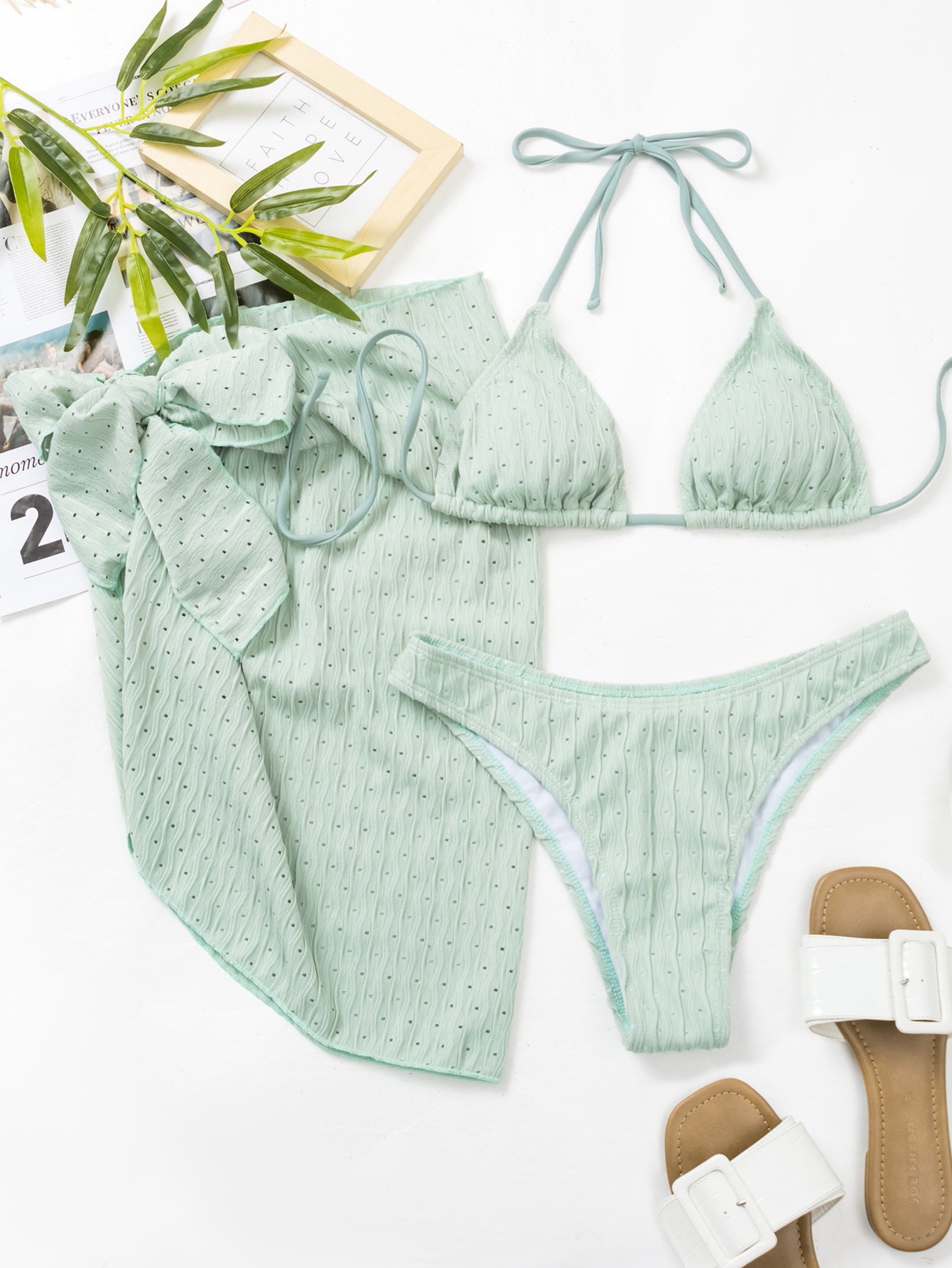 3pcs Halterneck Swimsuit Set Beach Solid Color Sexy Backless Bikini With Mesh Skirt Summer Womens Clothing