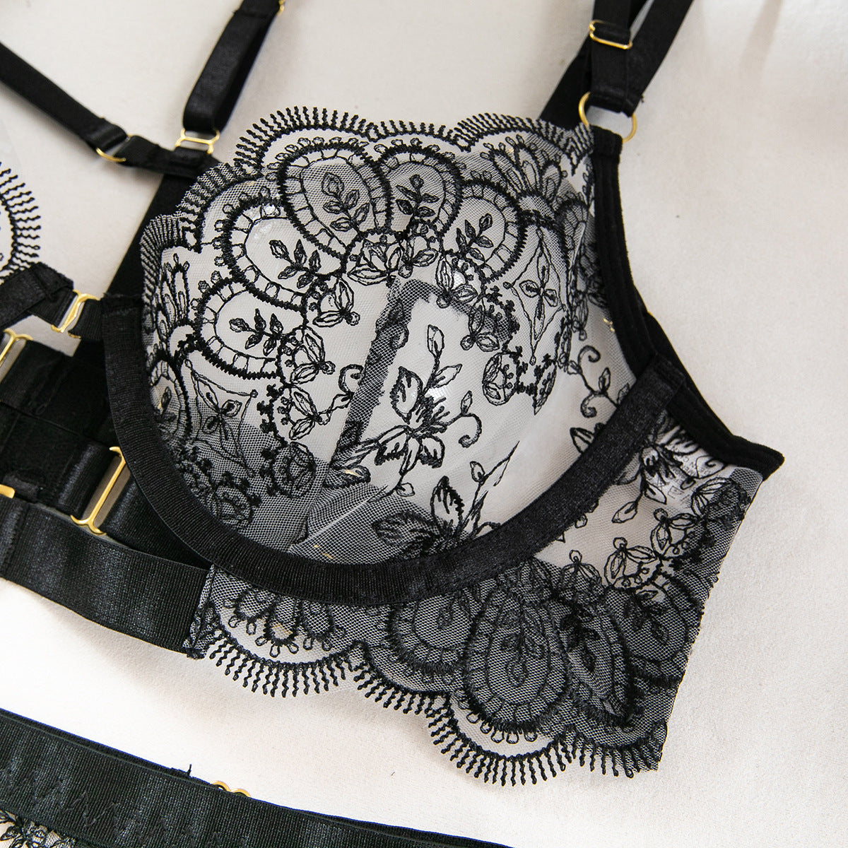 Women's Solid Color Heavy Embroidery Sheer Sexy Lingerie Set