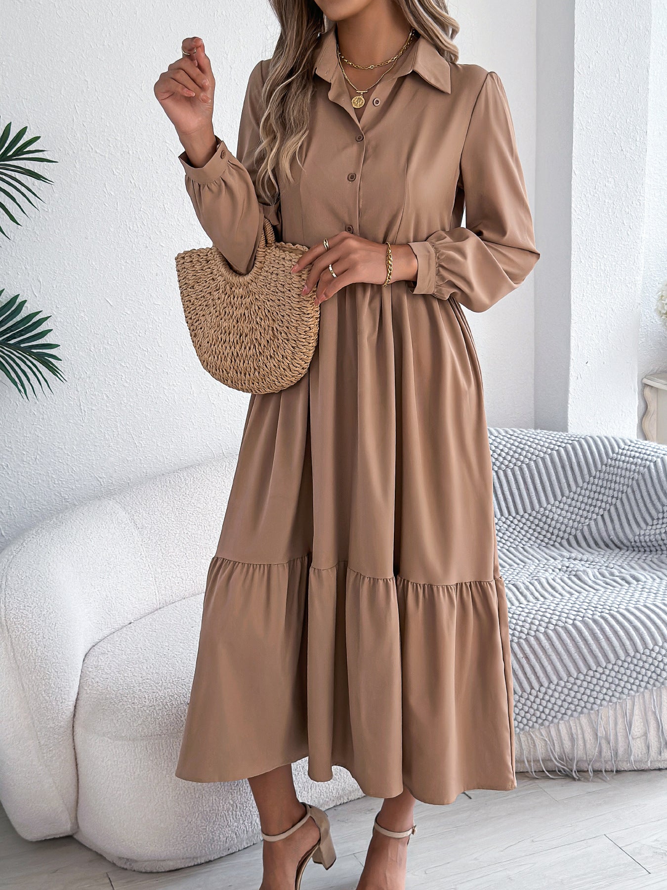 Women's Lapel Casual Loose Long Sleeve Ruffled Shirt Dresses Long Sleeved Turn-down Collar Single-Breasted Dress Spring Autumn Fashion Women's Clothing For Vacation