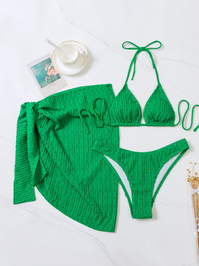 3pcs Halterneck Swimsuit Set Beach Solid Color Sexy Backless Bikini With Mesh Skirt Summer Womens Clothing