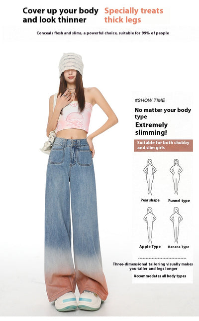 Gradient Color High Waist Wide Leg Jeans For Women Loose-fitting Mopping Pants