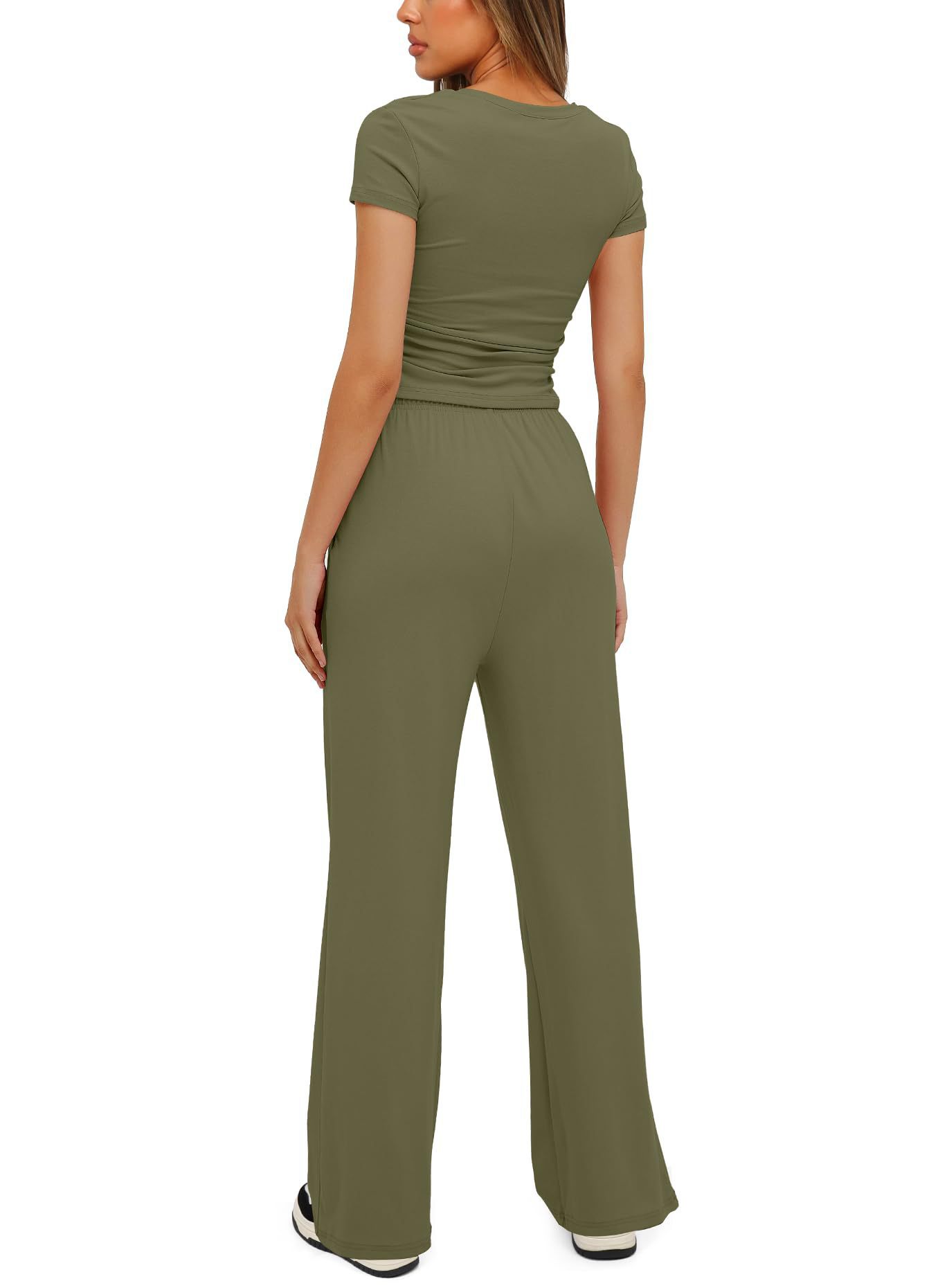 2pcs Solid Color Casual Sports Yoga Suit Short-sleeved Top And High-waisted Drawstring Wide-leg Pants Summer Fashion Set For Womens Clothing