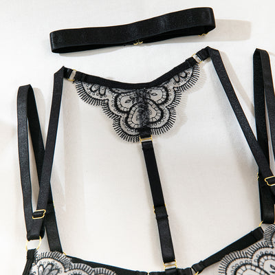 Women's Solid Color Heavy Embroidery Sheer Sexy Lingerie Set