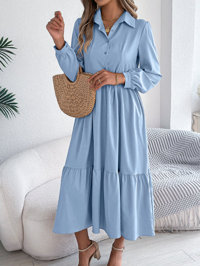 Women's Lapel Casual Loose Long Sleeve Ruffled Shirt Dresses Long Sleeved Turn-down Collar Single-Breasted Dress Spring Autumn Fashion Women's Clothing For Vacation