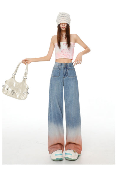 Gradient Color High Waist Wide Leg Jeans For Women Loose-fitting Mopping Pants