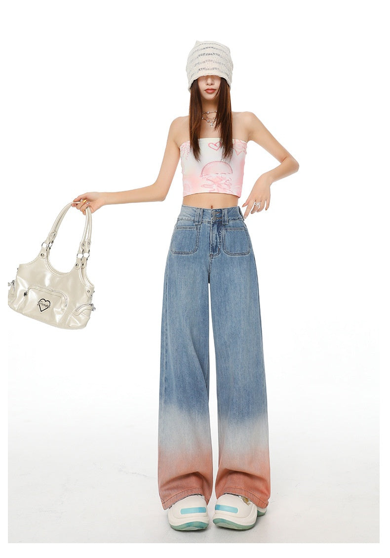 Gradient Color High Waist Wide Leg Jeans For Women Loose-fitting Mopping Pants
