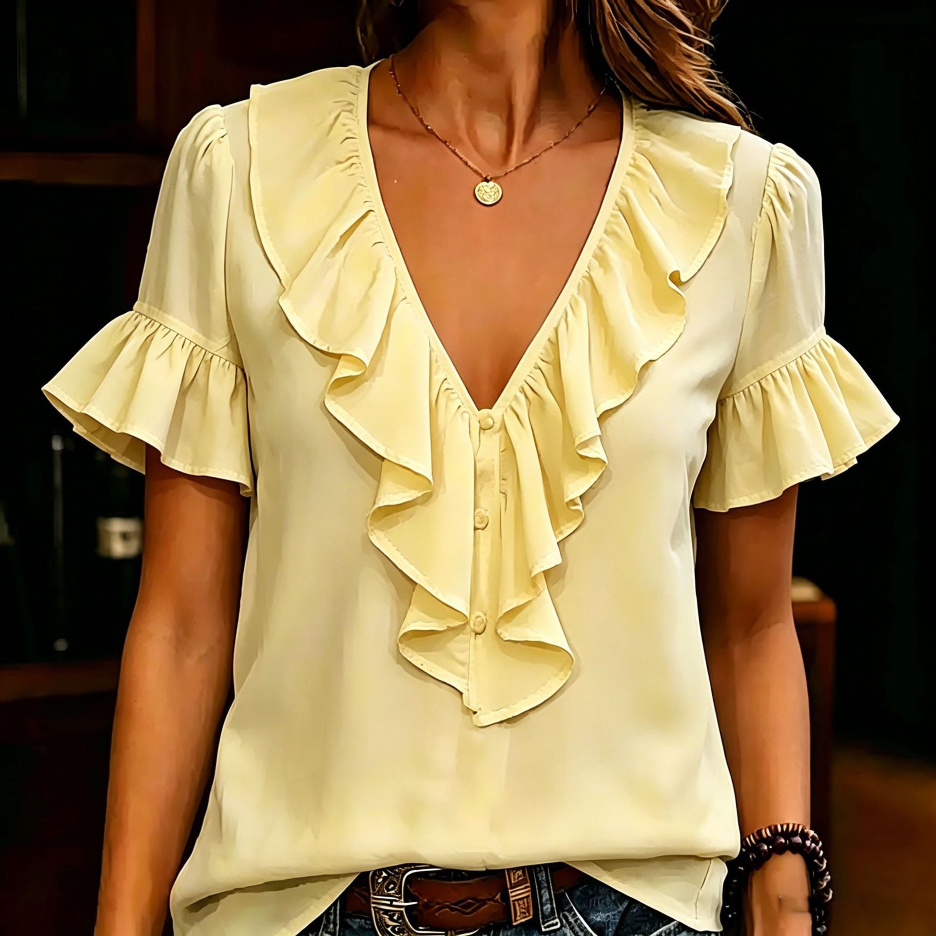 Womens Short-Sleeved T-Shirt With Ruffled Hem And V-Neck