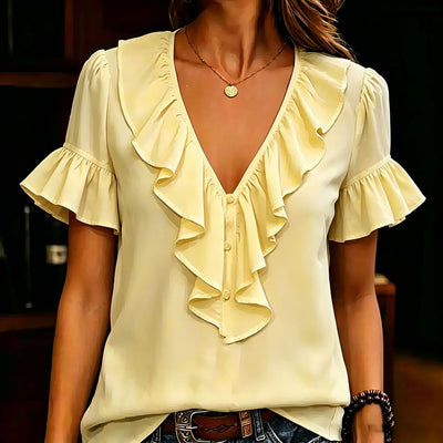 Womens Short-Sleeved T-Shirt With Ruffled Hem And V-Neck