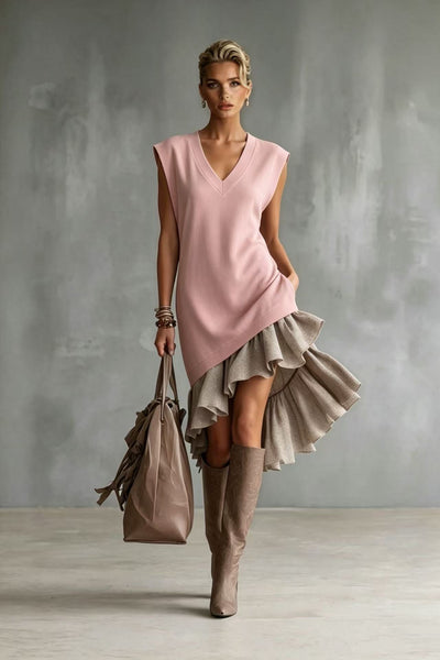 Solid-color Casual European-American Style Flounced Midi Skirt