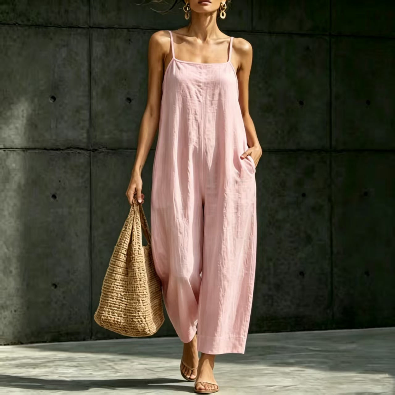 Springsummer Strap Jumpsuit Loose-fit Simple And Elegant Sleeveless