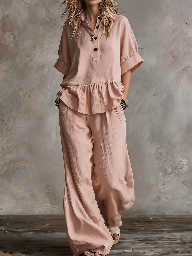Womens Casual V-Neck Pullover Short-Sleeve Pants Set
