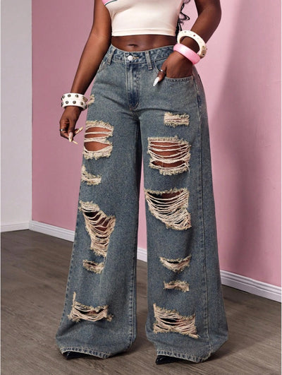 Women's Retro Distressed Kimchi Wide-leg Jeans