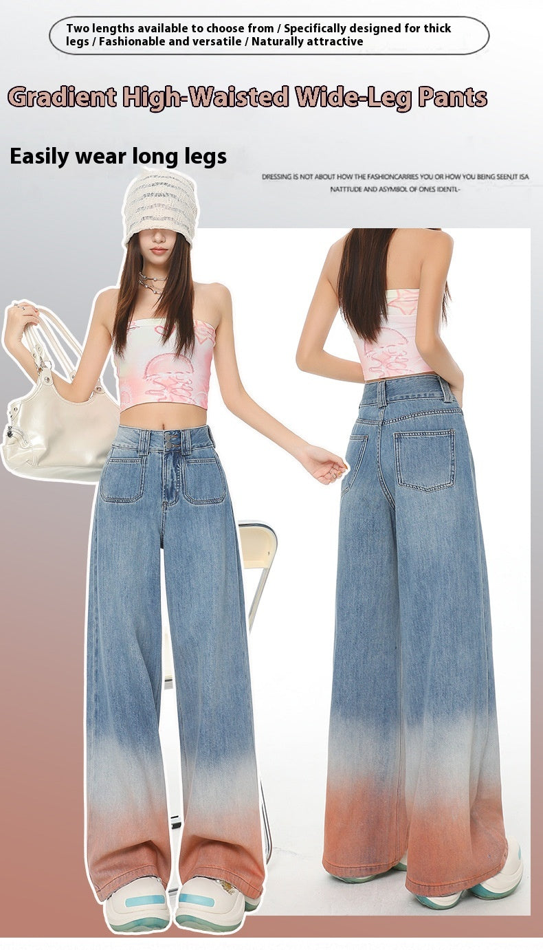 Gradient Color High Waist Wide Leg Jeans For Women Loose-fitting Mopping Pants