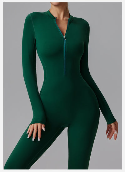 Slim-fit Bare-feel Long-sleeve Yoga Jumpsuit With A Zipper