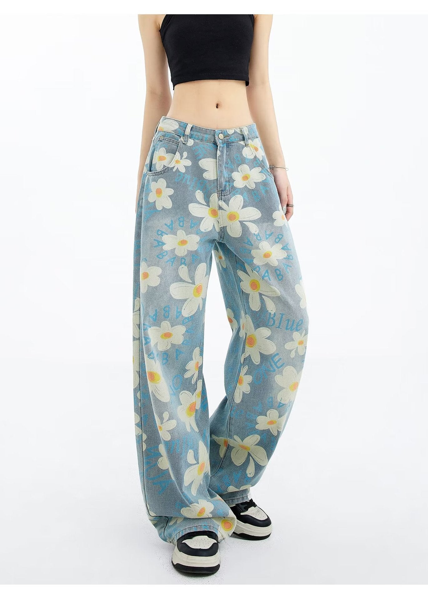 New Summer Printed Floral Wide-leg Washed Jeans For Women