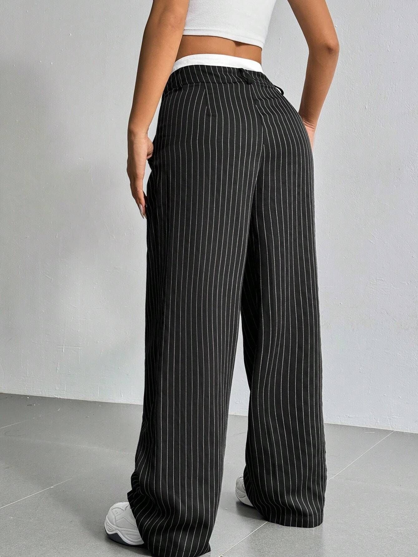 Stripe Printed Trousers Fashion High Waist Straight Leg Pants With Pocket Zipper Casual Suit Pants For Women