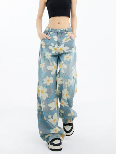 New Summer Printed Floral Wide-leg Washed Jeans For Women