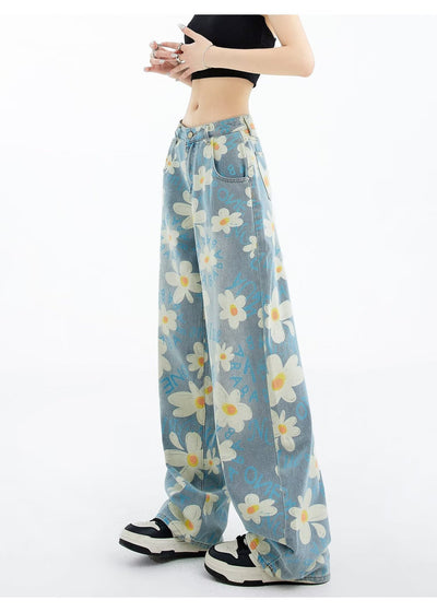 New Summer Printed Floral Wide-leg Washed Jeans For Women