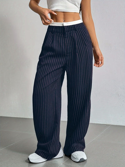 Stripe Printed Trousers Fashion High Waist Straight Leg Pants With Pocket Zipper Casual Suit Pants For Women