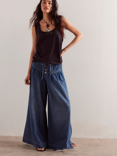 Womens Pleated Mid-Waist Lace-Up Loose Wide-Leg Denim Jeans