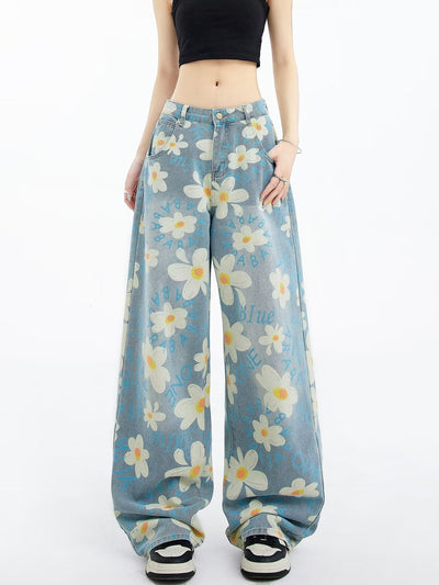 New Summer Printed Floral Wide-leg Washed Jeans For Women