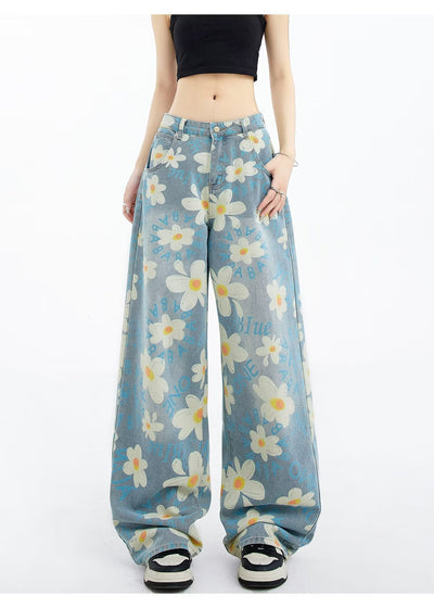 New Summer Printed Floral Wide-leg Washed Jeans For Women