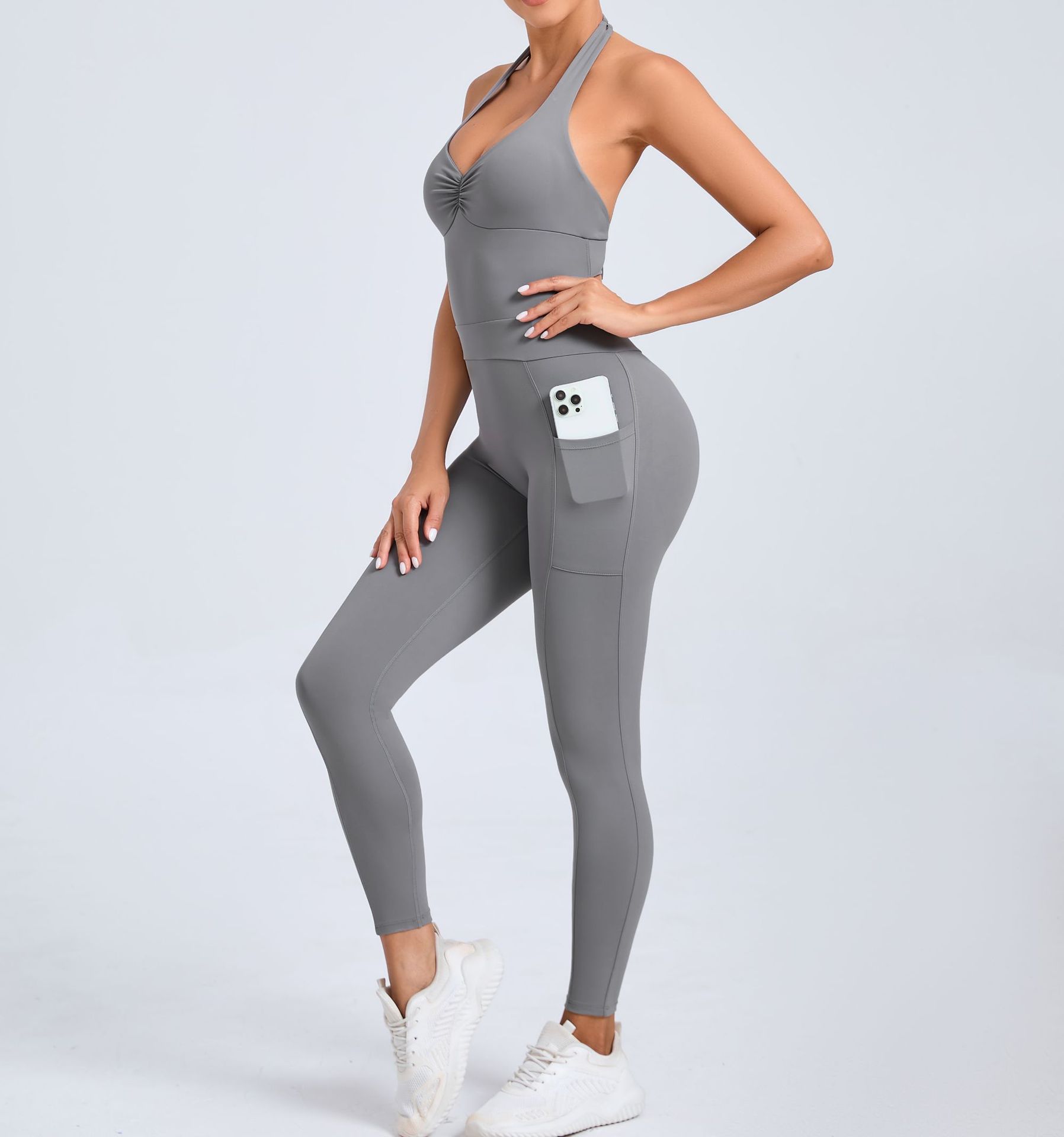 European And American Halter Side Pockets Yoga Jumpsuit