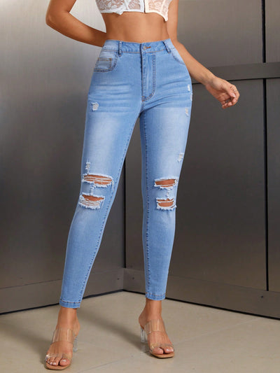 Elastic Slim-fit Women's Stylish Ripped Jeans