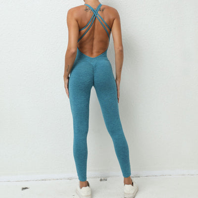 Yoga Jumpsuit With Cross-strap Back Design Quick-drying Tight-fitting Running Sports Fitness Pants Fashion Seamless Leggings For Womens Clothing